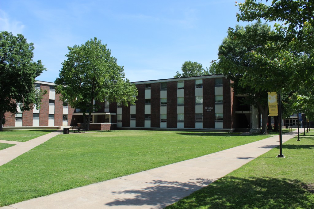 Exterior of Russell Hall and green space