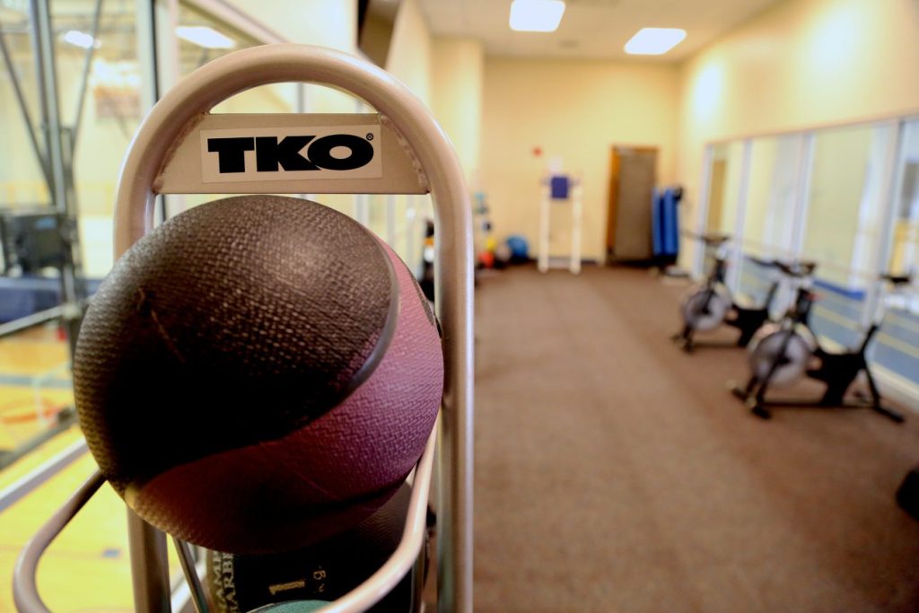 Close up of a medicine ball on a rack in the wellness center